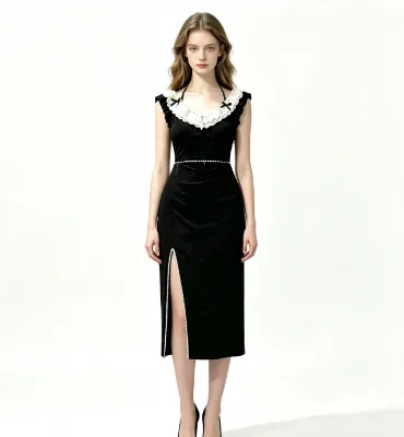 Women Knit Midi Dress Ruffle Lace V Neck Bow Rhinestone Trim Side Slit Elegant Party Dress