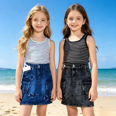 5.45 Dollar ZT003 Ages2-5 Y Korean Fashion Little Girls High Waist Jean Skirt Sparkly Rhinestone Cargo Pocket Denim Skirt