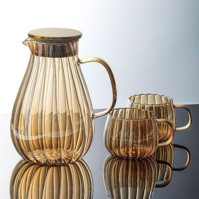 Wholesale Ribbed Pumpkin Shape Amber Glass Pitcher with Cup