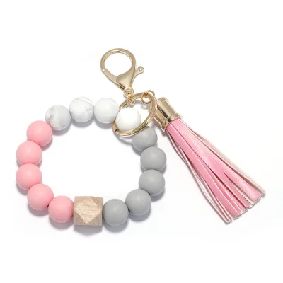 2026 High Quality Multicolor Custom Bpa Free Vintage Beaded Silicone Bracelet Tassel Silicone Bead Bracelets Elastic Keychain