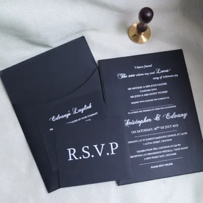 Simple Design Black Hardcover Paper Wedding Invitation with Pocket Envelope for Marriage Ceremony