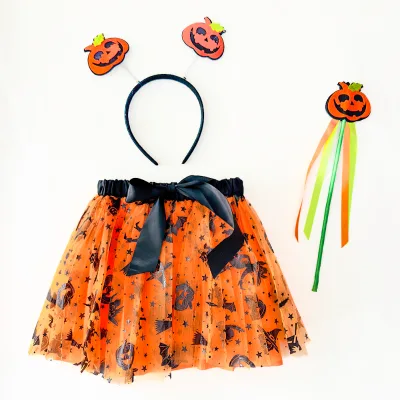 Customizable Wholesale Cosplay Set for Girls Halloween Witch Dress Elastic Waistband Tutu Skirt Princess Headband for Children