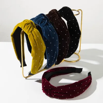 New Knotted Velvet Headband Women studded Crystals Solid Color Light Luxury Headband