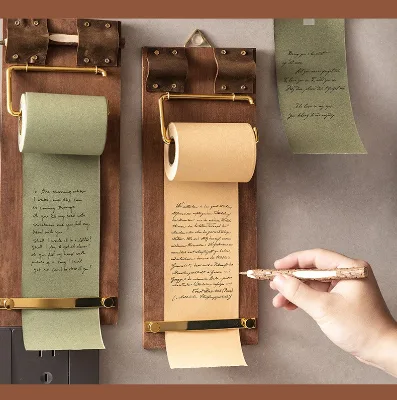 Vintage Wood Notepad Clipboard with Roll Paper,Retro Desk Memo Pad with Natural Wood Pen,for Office, School,Creative Sketching