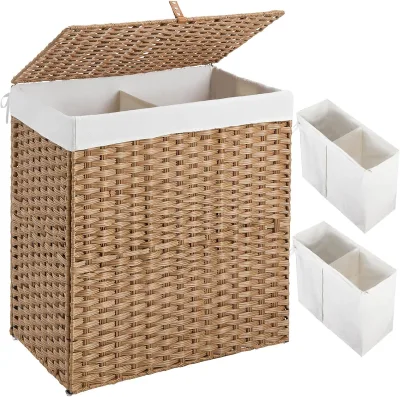 Natural Laundry Hamper With Lid No Install Needed 110L Wicker Laundry Baskets Foldable Removable Liner Bags Woven With Handles
