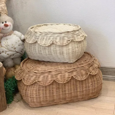 Hand Woven Rattan Scallop Flora Basket Natural Rattan Storage Baskets Best Home Decor Storage Baskets