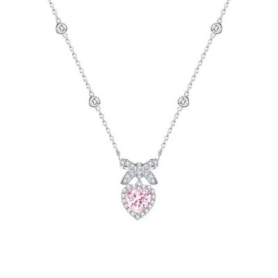 100% 925 Sterling Silver Rhodium Plated Necklace Silver Crystal Heart Lovely Pendant Pink Cz Knot Bow Heart Necklace for Woman