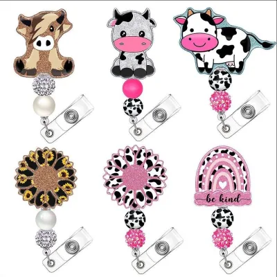 Acrylic Plastic Beaded Gold Onion Glitter Easy Pull Buckle Retractable Rotating Easy Pull Id Retractable Reel Id Card Holder