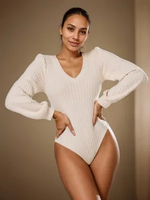 2026 Spring New Elegant Women's Clothing Puff Sleeve Long Sleeve V-Neck Knit Tight Bodysuit