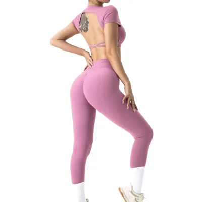 Aoyema Fashion Breathable Slinky Women Crew Neck T-shir Design Women Spandex Short Sleeve Crop Top Tight Leggings Suits 2 Pcs