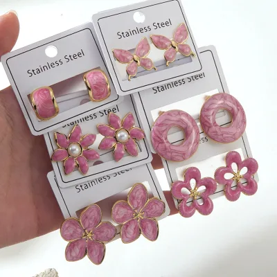 Fashion Stainless Steel Gold Plated Flower Butterfly Round Hoop Stud Earring Pink Marble Enamel Flower Earrings Daily Jewelry