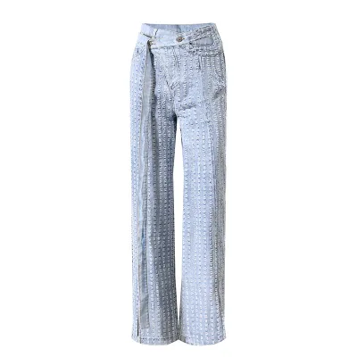 Direct Factory Sale Y2K Street Style Asymmetrical Slanted Waist Hollowed Washed Women's Plus Size Jeans