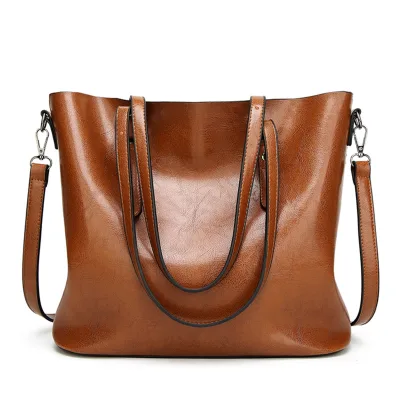Elegant Retro Style Oil Wax Leather Tote Bag Soft PU Handbag Glossy Patent Leather Cotton Lining Customizable Logo School Women