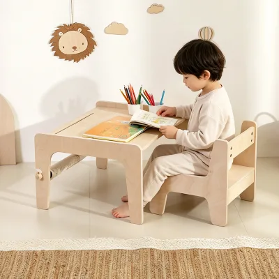 Birch Plywood Kids Learning Center Desk Chair Set with Paper Roll Slot Cup Holder Montessori Style Natural