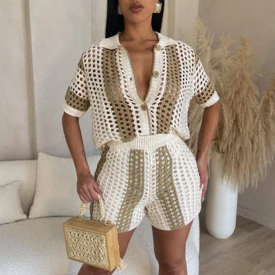 Y0291 Women's Sexy Hollow Out Perspective Lapel Knitted Shorts Set