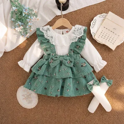Cotton INS-style Spring/autumn Lace-trimmed Puff-sleeve Floral-print Bow-tie Suspender Top Dress with Socksthree-piece Set