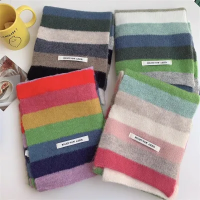 2024 Autumn Tonglu Women's Short Scarf Striped Colorful Knitted Scarf with Advanced Sense Long Length Cashmere Material Winter