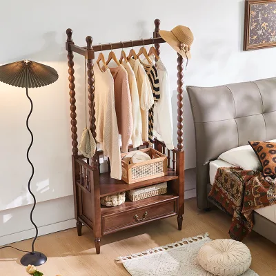 French Retro Solid Wood Coat Rack, Integrated Multi-functional Storage Shelf Floor-standing Clothes Rack Bedroom Storage Cabinet