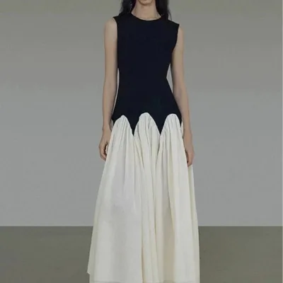 French sleeveless vest dress Women's summer design sense advanced patchwork color contrast waist slimming A-line long skirt