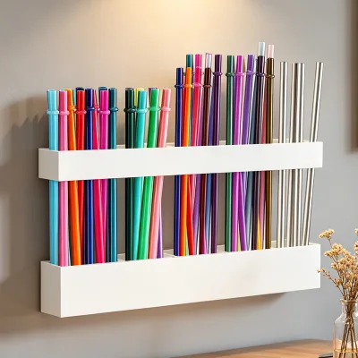 Transparent Acrylic Straw Holder Height-adjustable Cutlery Display Rack Cabinet Wall-mounted Storage Box