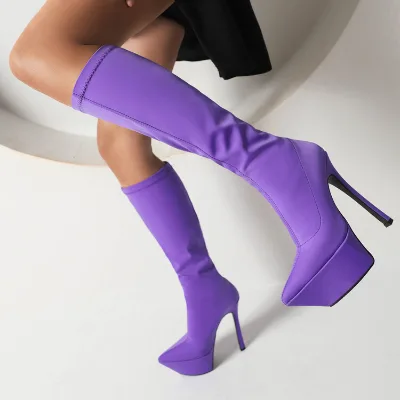 Women Knee High Boots Stretch Fabric Pointed Toe Stiletto Heel Fashion Boots for Spring Summer Autumn Winter Ladies Sizes 34 43