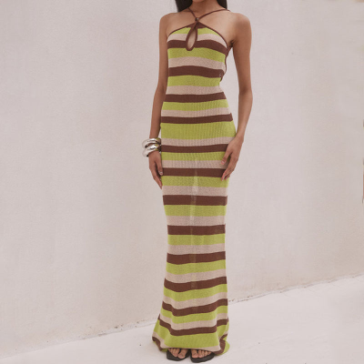 High Quality Custom Satin Halter Backless Maxi Casual Dress Striped Pattern Eco-Friendly Breathable Woven Offering OEM Service