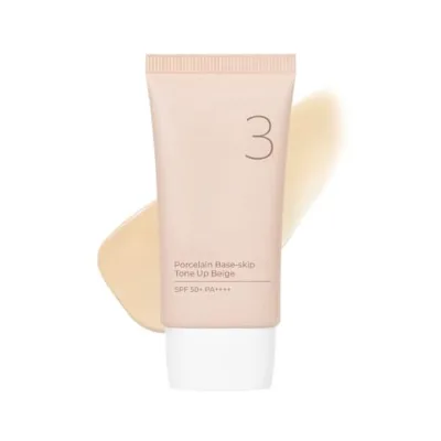 No.3 Porcelain Base Skip Tone up Beige Cream 1.69 Fl oz Powdery Finish Light Natural Coverage Tinted Sunscreen Feature