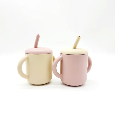 Custom Logo Reusable 100% Silicone Pack Training Cup with Straw & Handle  for Kids