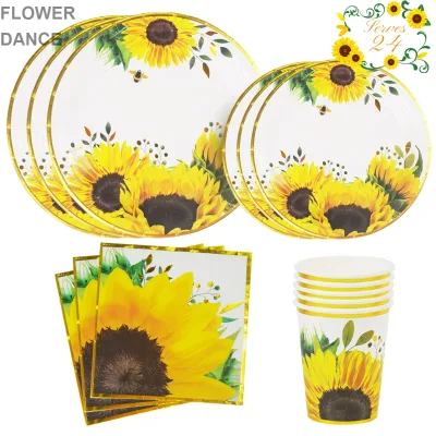 Wholesale 96pcs Food Grade Sunflower Themed Paper Plate Cup Thanksgiving Birthday Party Supplies Biodegradable Disposable
