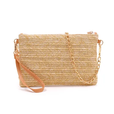 2025 Summer New Women's Straw Woven Crossbody Bag Fashionable Chain-Style Handbag Zip Closure Cotton Casual Beach Beach Handbag