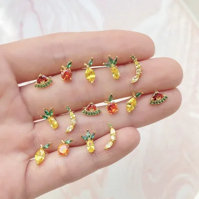 Gold Plated Shiny Cute Fruit Strawberry apple Peach Lemon Banana Cherry Tiny Cubic Zircon Jewelry Earrings for Women Girls