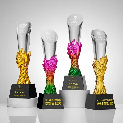 Wholesale Resin Base Crystal Trophy Souvenir Resin Trophy Color Cylindrical Crystal Trophy Champion Award