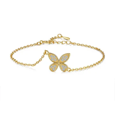 Customizable 925 Silver 18k Gold Plated Fashion Chain Link Bracelet-Sparkling Moissanite Butterfly Charm Dainty Jewelry IGI