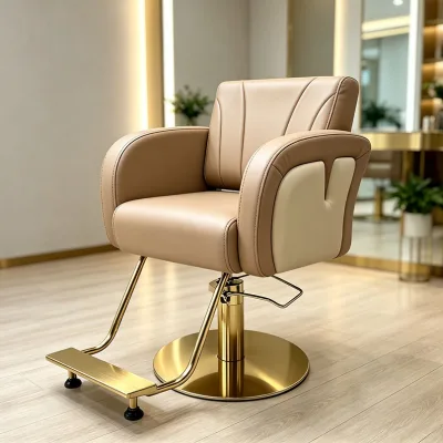 Two-tone PU Leather Portable Ergonomic Height Adjustable Hydraulic Barber Chair with Gold Base