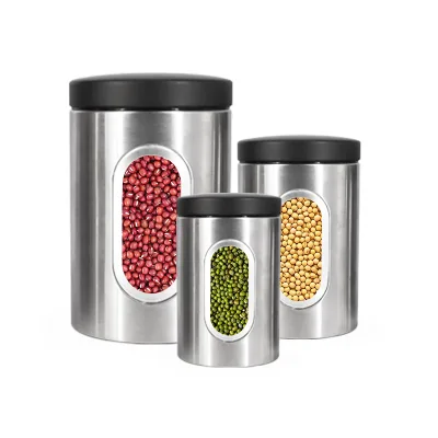 Round Shape Stainless Steel Jar Set Vacuum Canister for Kitchen Coffee Tea Sugar Food Storage Metal Containers Window Display