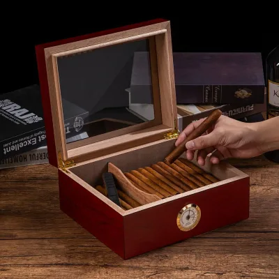 Factory Custom Wooden Glass Top Cigar Case Hygrometer Humidifier and Divider Cigar Storage Humidor Wood Cabinet Cigar Box