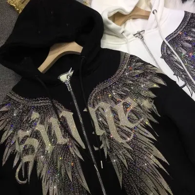 Extra Large Luxury Velvet Jacket Sweatshirt for Women 1.0-150kg Heavy Industry Diamond Accessory Front Rear Wings Terry Fabric