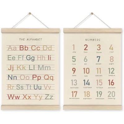 Alphabet Numbers Posters with Wooden Hanger Frames 12x16 Inch Nursery Wall Decor for Kids Room Playroom Classroom