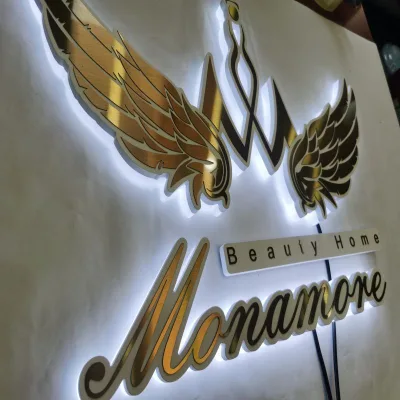 Custom-designed Winged Sign Titanium Finish LED Backlit Lettering Outdoor Indoor Use Featuring Channel Lettering Design for
