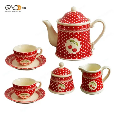 Vintage Red Polka Dot Cherry Eco-Friendly New Bone China Tea Coffee Set Teapot Cups Saucers Sugar Creamer Pot-Afternoon Tea Gift