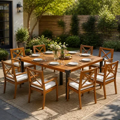 9 Piece Acacia Wood Outdoor Dining Set Square Teak Finish Wooden Patio Table with 8 Arm Chairs Ideal for Backyard Garden Patio