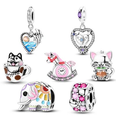 925 Sterling Silver Jewelry Zircon Heart Charms With Rhodium Silver Plated for Bracelets Necklace & Keychain DIY Accessories