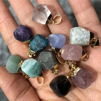 Colorful Charm Pink Quartz Fluorite Irregular Faceted Natural Healing Stone Charms Crystal Pendant for DIY Necklace Jewelry