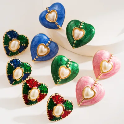 Fashionable heart-shaped earrings enamel retro high-end pearl elegant versatile earrings