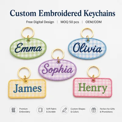 50pcs MOQ Custom Embroidered Eco-Friendly Zinc Alloy Keychains Personalized Gingham Fabric Bag Charm for Kids School Gifts
