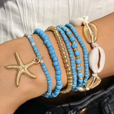 Beachy Woven Shell & Starfish Bracelets Classic Bohemian Vacation Shell Beaded Bracelet Set for Boho Style Stone Bracelet