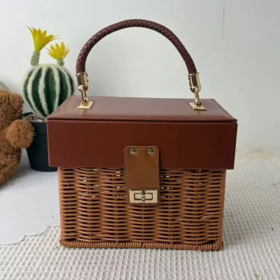 Handmade Woven PP Rattan Luggage Handle with Leather Hand Strap for Carrying and Storage Use