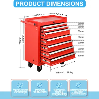 Mobile 7-Drawer Rolling Tool Cabinet Work Bench 300kg Load Capacity, Cold-Roll Steel Powder Coated Keyed Lock OEM Factory