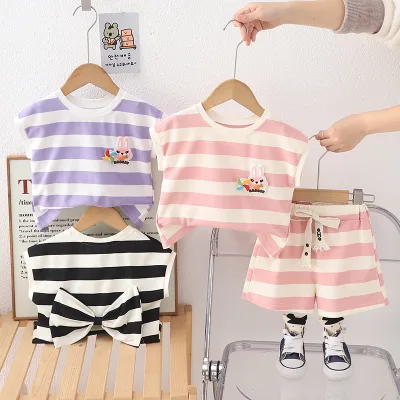 Girls' Fashionable Sleeveless Two-Piece Set Loose Striped Casual Outfit with Bunny Windmill for Little Boys