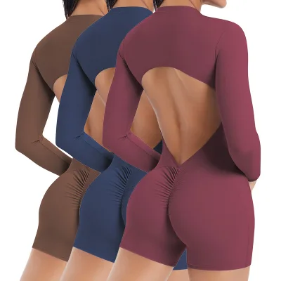 6695 Women Hollow Out Back Half Zip Hip Lift Sexy Tummy Control Long Sleeve Quick Dry Slim Fit Sports Fitness Yoga Bodysuit